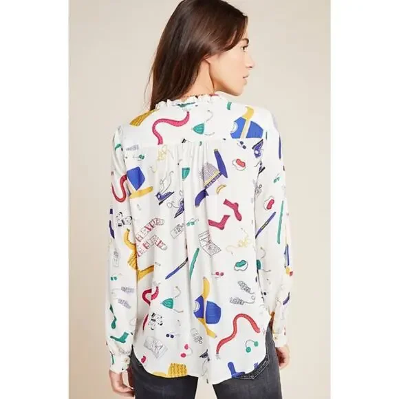 Anthropologie Maeve Marisol Ruffled Blouse 6P Ski Print Button Front snow - Picture 7 of 7